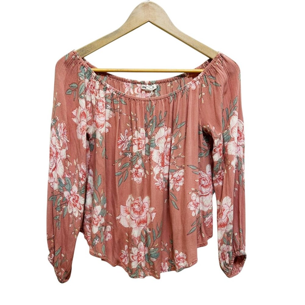 Billabong Mi Amore Floral Off The Shoulder Boho Milkmaid Blouse Pink M